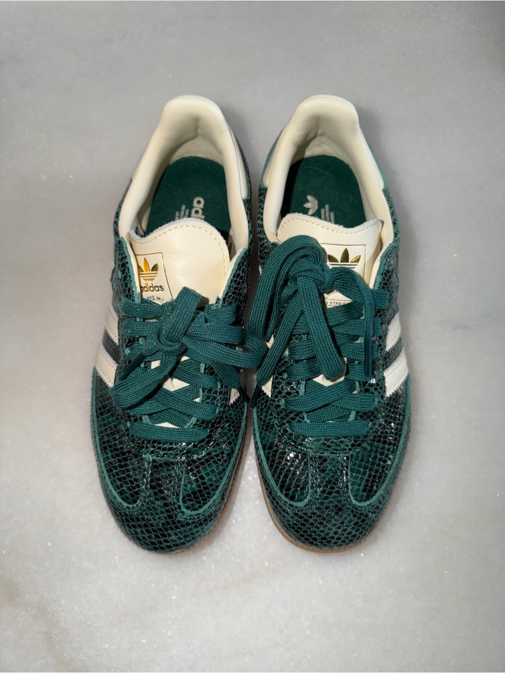 adidas Green Snakeskin-Textured Samba Sneakers with White Stripes